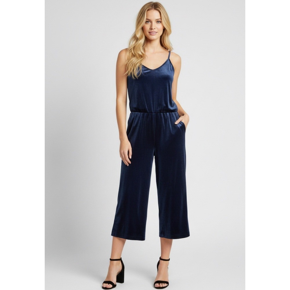 Old Navy Blue Velvet‎ Holiday Party Jumpsuit Wide Leg Cropped  V-Neck Velour L